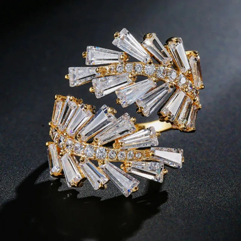 Q314 Geometric Cocktail Ring Gold Plated Crystal Rhinestone Channel Setting Women's Party Jewelry