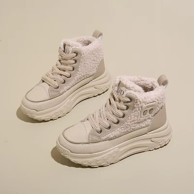 Winter Velvet High Top Shoes for Women Versatile Thickened Warm Cotton Shoes Thick Soled Height Increasing and Leisure Shoes