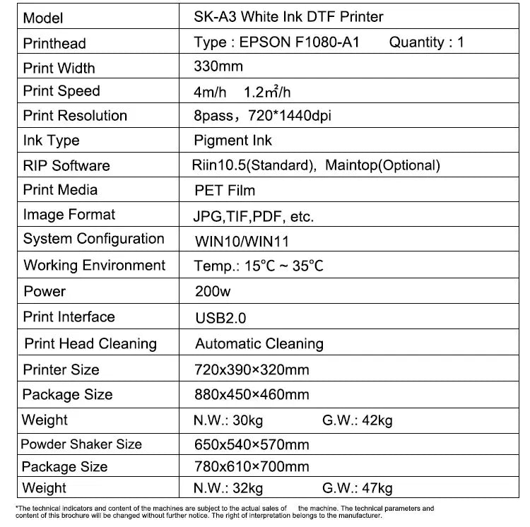 Sunika A3 DTF Printer Transfer T-shirt Printer Machines Direct to Film Printer with XP600