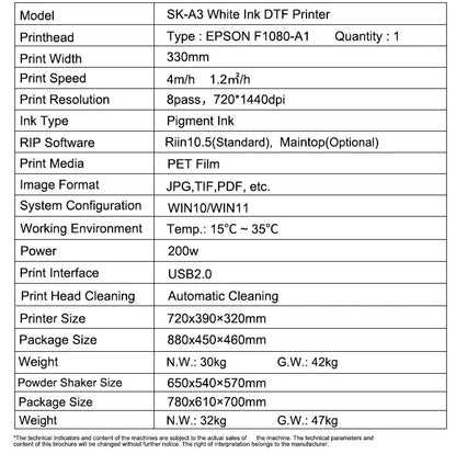 Sunika A3 DTF Printer Transfer T-shirt Printer Machines Direct to Film Printer with XP600