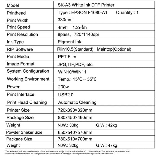 Sunika A3 DTF Printer Transfer T-shirt Printer Machines Direct to Film Printer with XP600 by PDG ibma