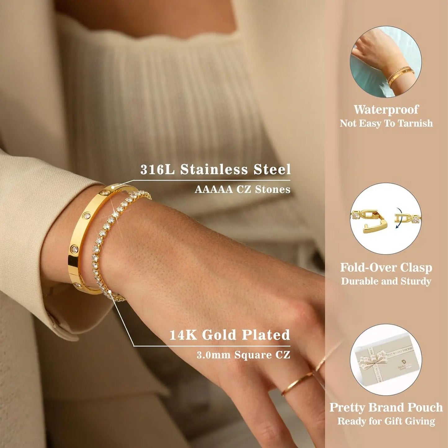 Anti Tarnish Jewellery Women Zircon Tennis 18k Gold Plated Bangles Stainless Steel Fashion Jewelry Bracelets Bangles Set