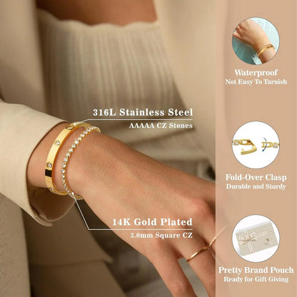 Anti Tarnish Jewellery Women Zircon Tennis 18k Gold Plated Bangles Stainless Steel Fashion Jewelry Bracelets Bangles Set