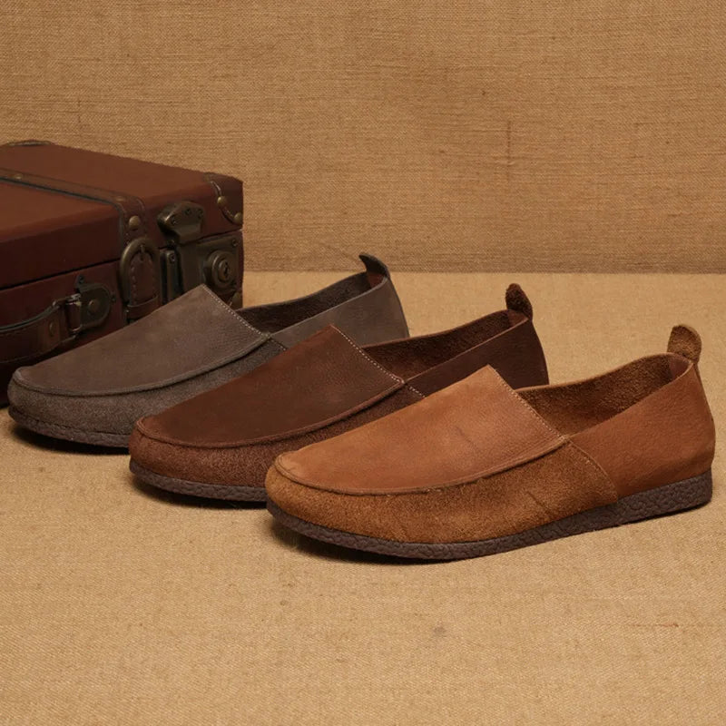 Men Suede Loafers Toe Slip-On Cow Leather Genuine Leather Lining Rubber Outsole Light Weight Solid Pattern Walking Style Shoes
