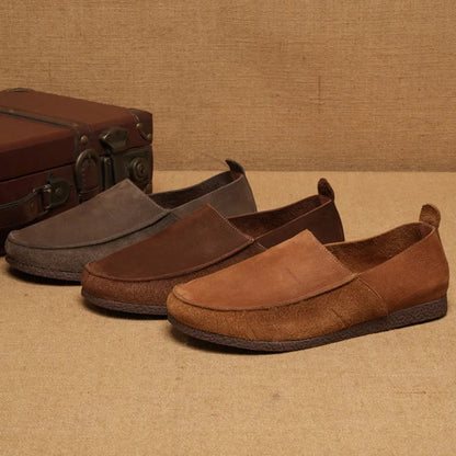 Men Suede Loafers Toe Slip-On Cow Leather Genuine Leather Lining Rubber Outsole Light Weight Solid Pattern Walking Style Shoes