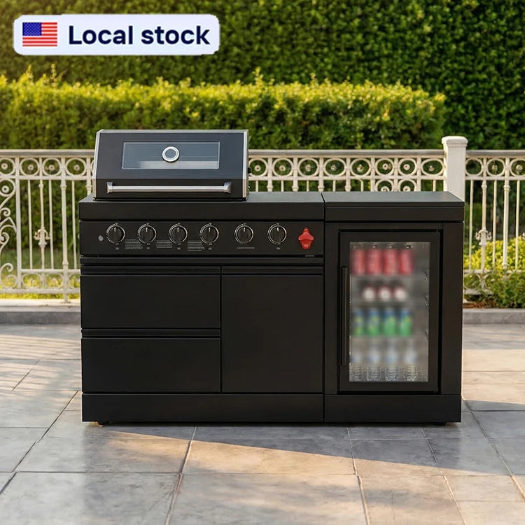 US Warehouse 304 Stainless Steel Outdoor Kitchen Set with 4-Burner BBQ Grill and Fridge for Backyard Garden