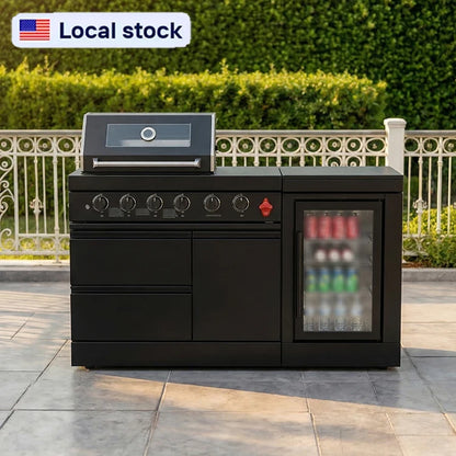 US Warehouse 304 Stainless Steel Outdoor Kitchen Set with 4-Burner BBQ Grill and Fridge for Backyard Garden