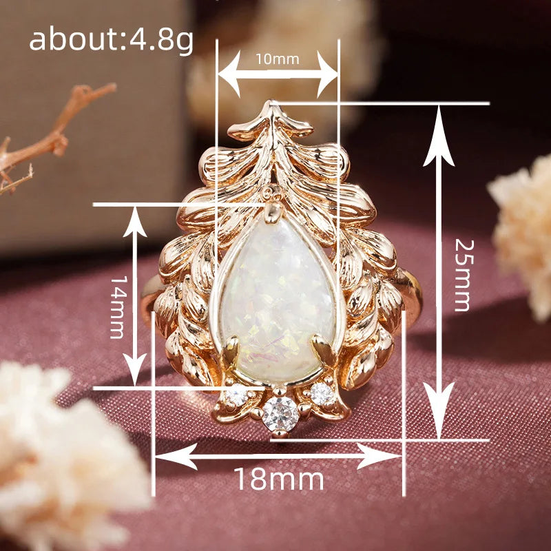 Elegant Opal Cocktail Ring For Women Natural Pear Stone Prong Setting Plant Pattern Wedding Fashion Jewelry A013