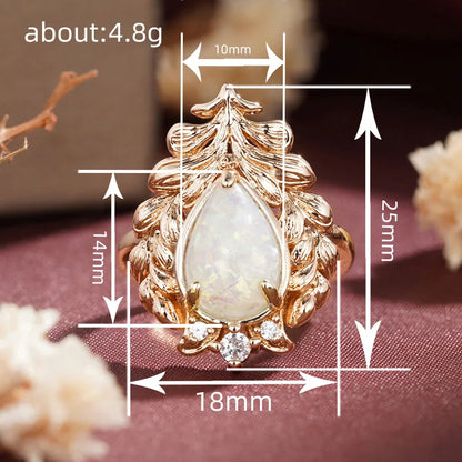 Elegant Opal Cocktail Ring For Women Natural Pear Stone Prong Setting Plant Pattern Wedding Fashion Jewelry A013