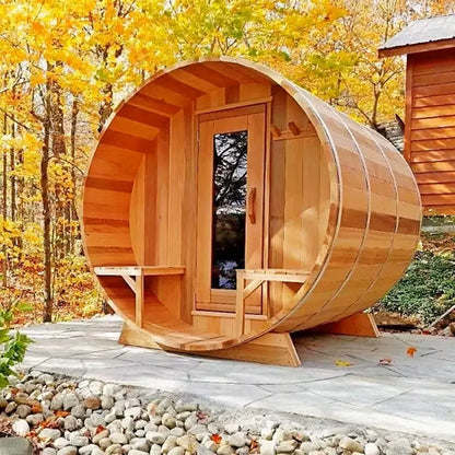 Modern Design Movable Outdoor Sauna Room with Porch Solid Wood Cylinder Door Matched with Far Infrared Sauna Stove