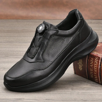 Men's Genuine Cow Leather Round Toe Walking Shoes With Buckle Anti Slippery Low Heel Rubber Outsole Solid Color Casual