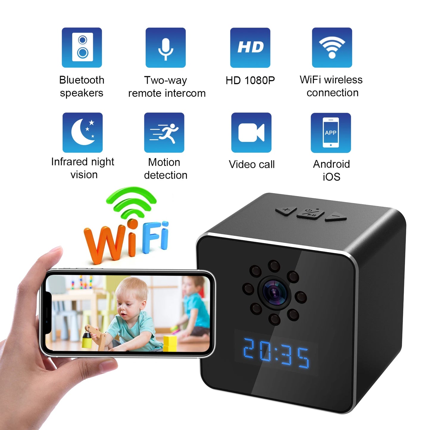 1080P WIFI Camera Wireless Speaker Clock Camera with Night Vision Motion Detection Remote Viewing for Home Security Camera