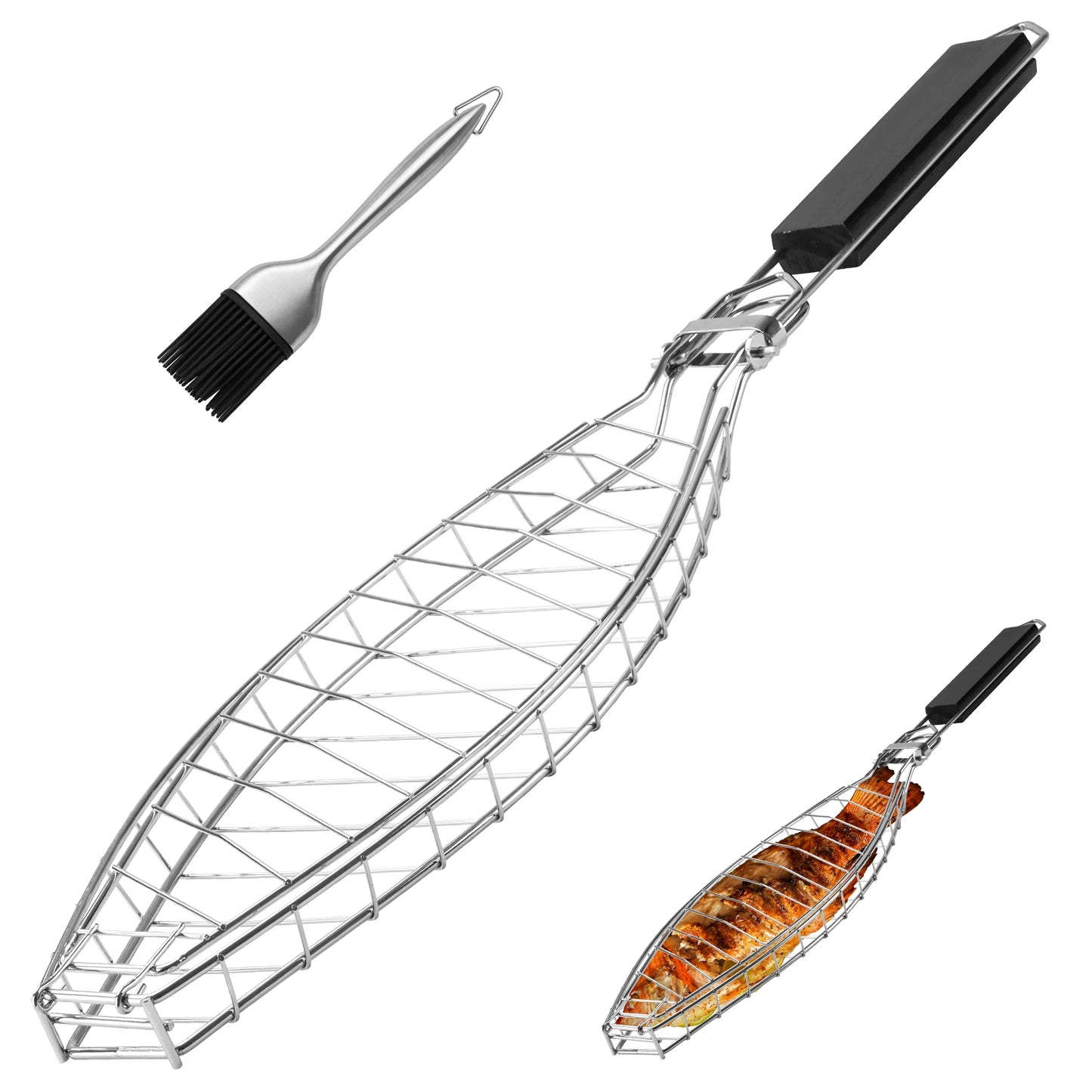 Heavy Duty 430 Stainless Steel Fish Grill Basket With Detachable Handle Fish BBQ Grill Cage For Salmon Veggies And Seafood