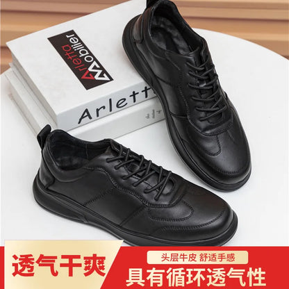 Men's Genuine Cow Leather Walking Shoes Round Toe Lace-up Breathable Mesh Lining Rubber Outsole Casual Style