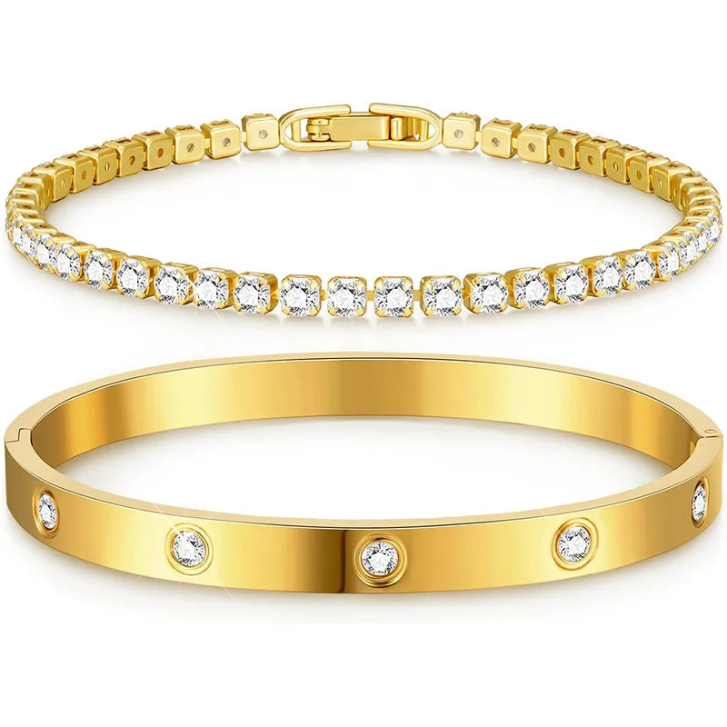 Anti Tarnish Jewellery Women Zircon Tennis 18k Gold Plated Bangles Stainless Steel Fashion Jewelry Bracelets Bangles Set