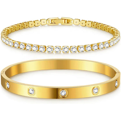 Anti Tarnish Jewellery Women Zircon Tennis 18k Gold Plated Bangles Stainless Steel Fashion Jewelry Bracelets Bangles Set