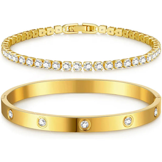 Anti Tarnish Jewellery Women Zircon Tennis 18k Gold Plated Bangles Stainless Steel Fashion Jewelry Bracelets Bangles Set