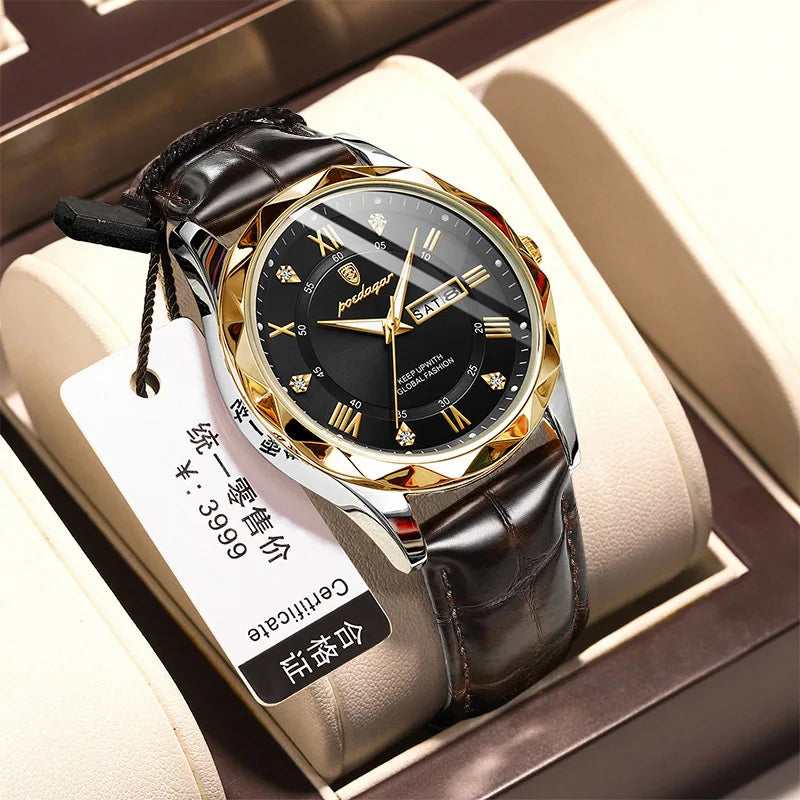 POEDAGAR Watches for Men Classic Luxury Week Display Sports Quartz Watch Mens Waterproof Leather Band Date Wristwatches Male