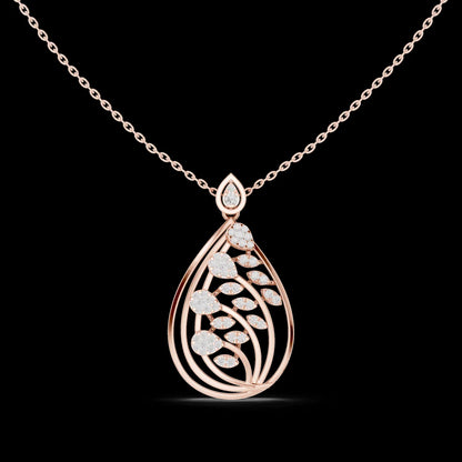 Leafy Teardrop Diamond Pendant Necklace with Link Chain Rose Gold Plated Luxury Women Engagement Wedding Party Jewelry