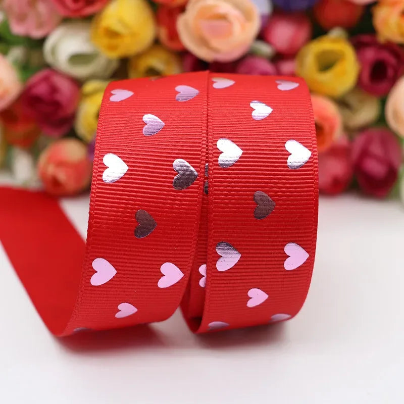 5 Yards 1" 25MM Valentine's Day Pink Gold Heart-Shaped Printed Ribbon For Hair Bows DIY Crafts Handmade Accessories M20012103