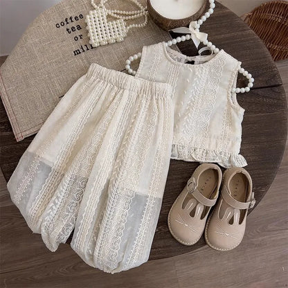 Girls' Summer Thin Suit 2024 Young Children Fashion Style Vest Wide Leg Pants Style Two-piece Set of Fashion