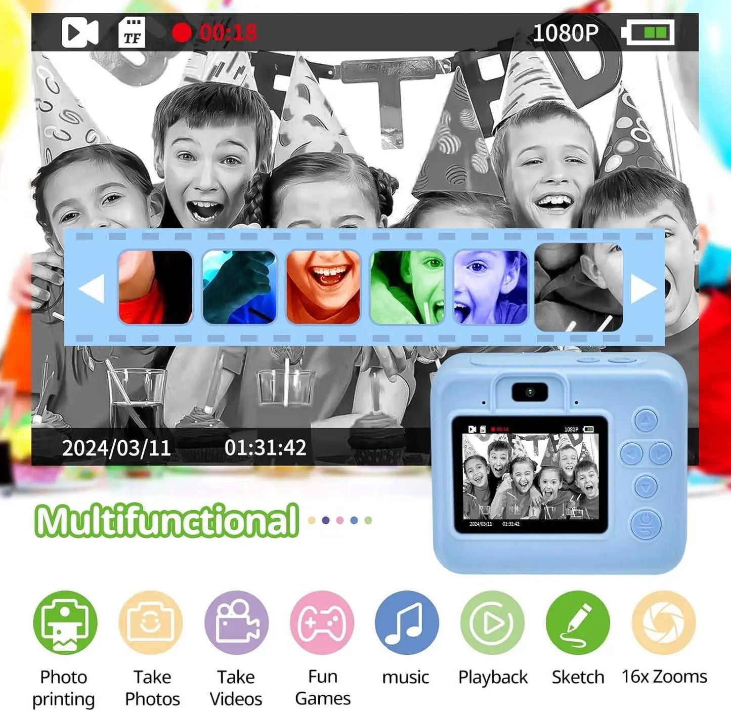 JXD Printable Toy Camera Very Portable Dual Lens Selfie Camera for Kids 1080P HD Photo with Printing Paper Best Gift
