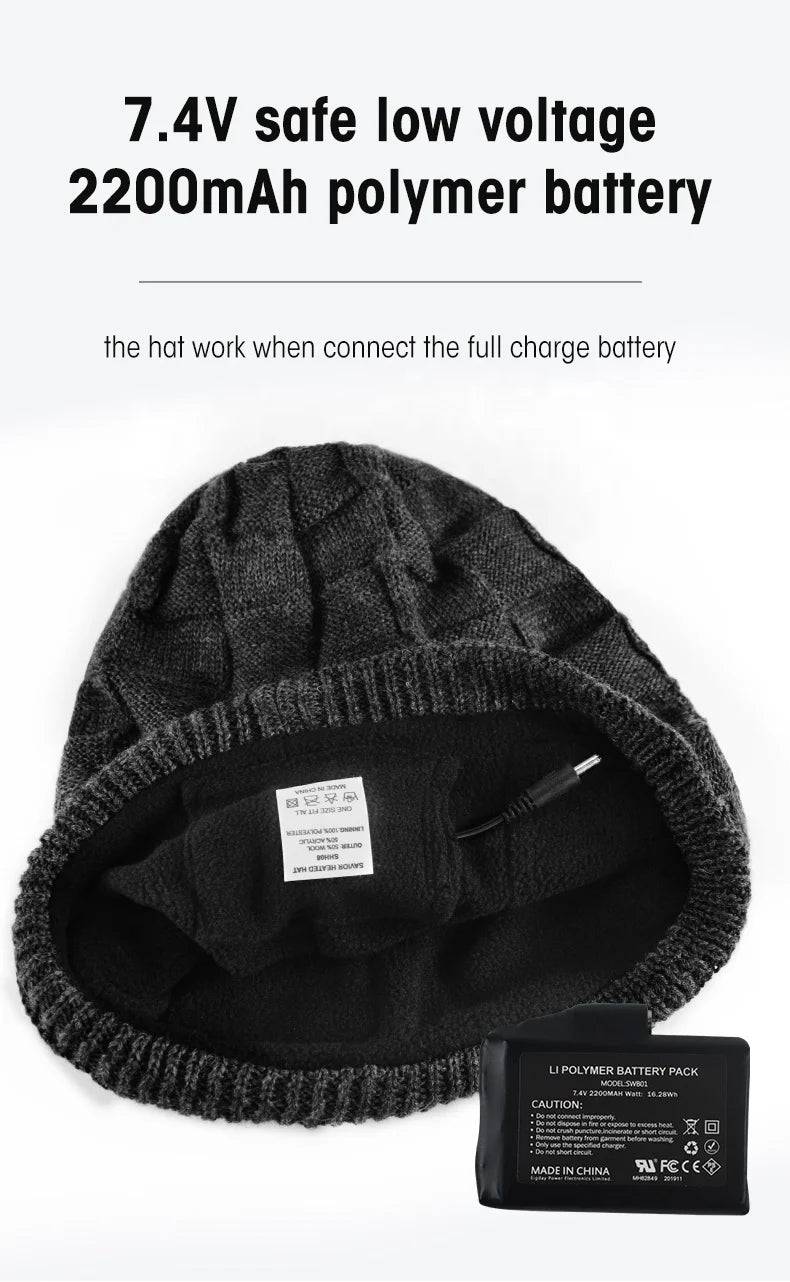 7.4V 2200mAh Rechargeable Battery Heated Hat Winter Warm Heating Hat Cold Weather Thermal Beanies Heated Hat for Men Women