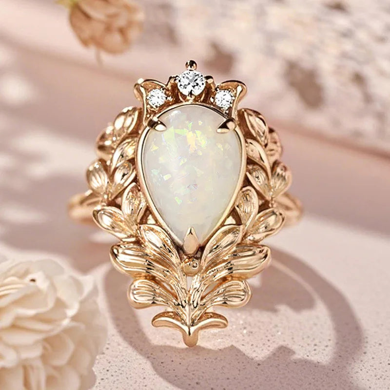 Elegant Opal Cocktail Ring For Women Natural Pear Stone Prong Setting Plant Pattern Wedding Fashion Jewelry A013