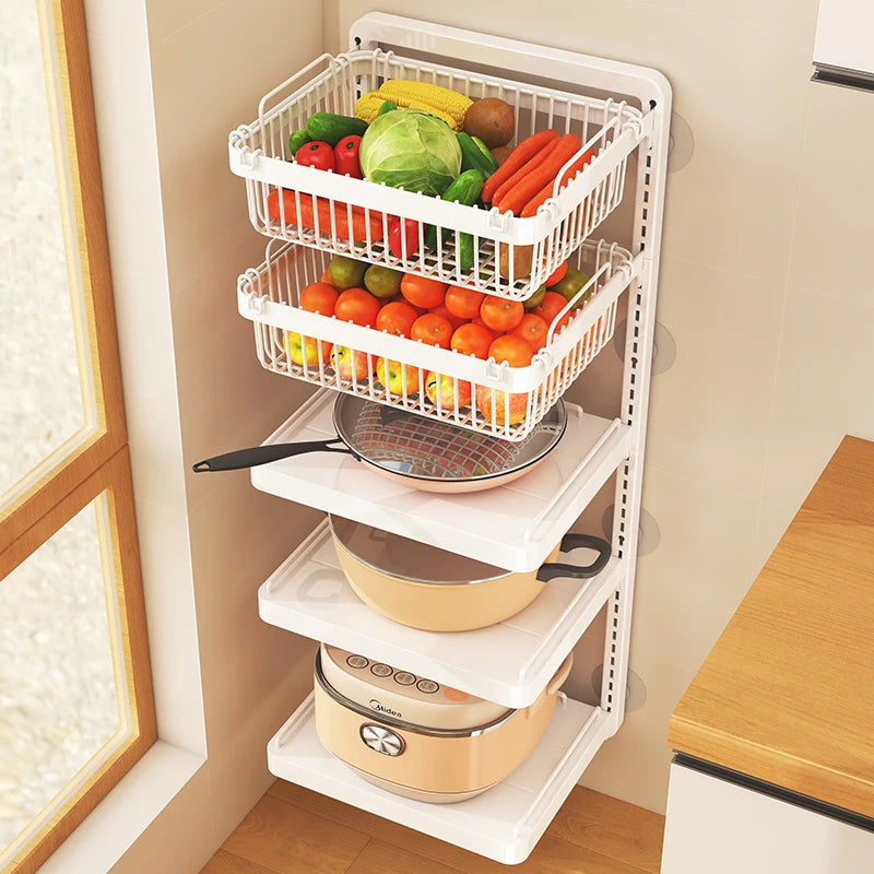 Punch-free hang Wall Vegetable Fruit Rack Kitchen Metal Storage Grill Basket Adjustable Plant Stand Pan Pot Lid Organizer Holder