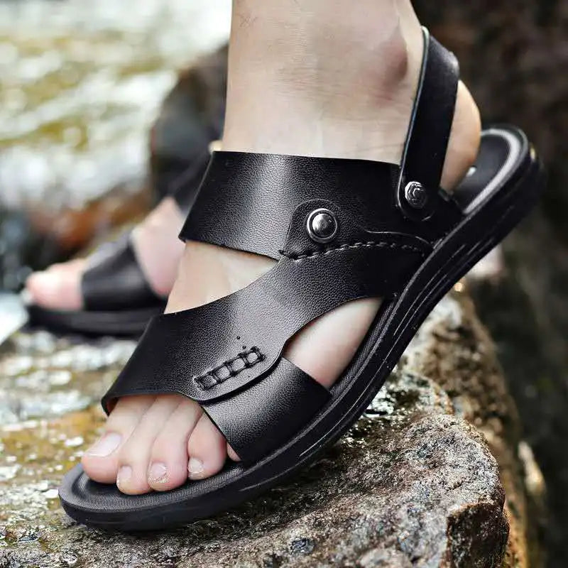 Yomior Summer New Fashion Men Shoes Vintage Real Leather Non-slip Beach Slip-On Sandals Travel Flip Flop Slippers Black Brown