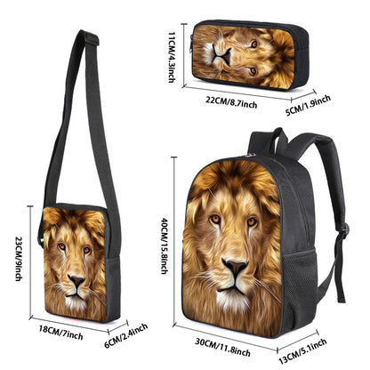Cool Lion 3D Printed Fashionable 3-Piece Set Backpack Lightweight Adjustable Shoulder Strap Durable PVC Polyester Lining Zipper