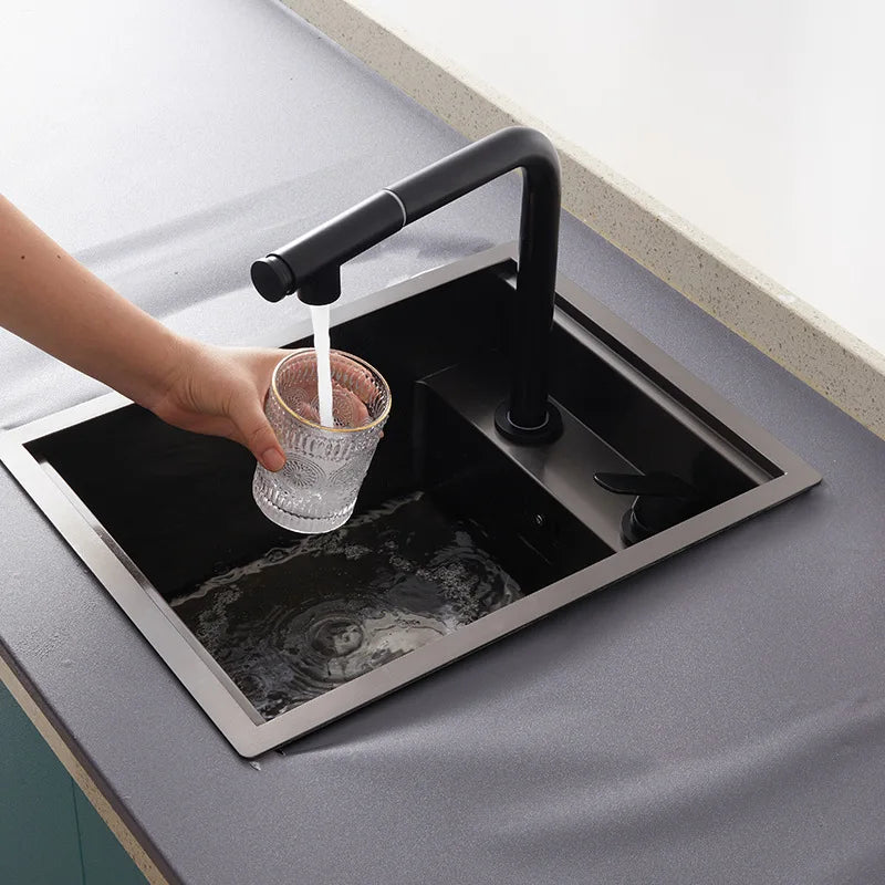 Stainless Steel SS304 Single Bowl Pull Out Faucet Tap New Black Nanometer Flip Cover Hidden Kitchen Sink