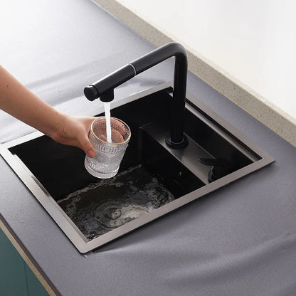 Stainless Steel SS304 Single Bowl Pull Out Faucet Tap New Black Nanometer Flip Cover Hidden Kitchen Sink