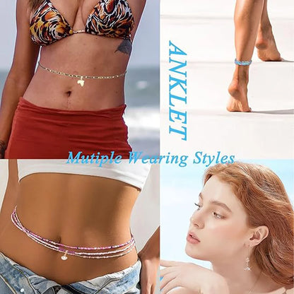 8Pcs 31.5 Inches Waist Bead Chain Elastic Belly Beads Butterfly Layered Body Chain Colorful Jewelry Accessories for Women