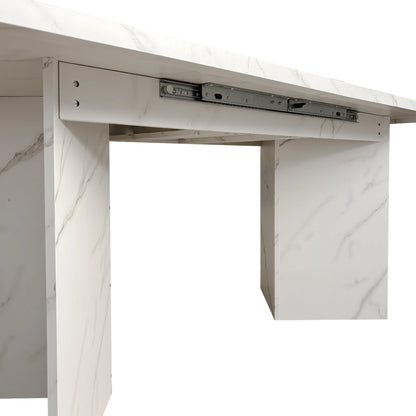Extendable Dining Room Table for 6-10 Modern Faux Marble Wooden Long Large Rectangular Expanding Conference Kitchen Table White