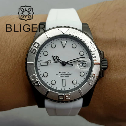 BLIGER 40mm NH35A Automatic Watch for Men White Ceramic Bezel Black  Case Green Luminous Date Magnified Rubber Strap