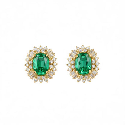 Classic Green Gemstone Stud Earrings Silver Flower Design Wedding Jewelry Women Pear Cut Diamonds Claw Setting