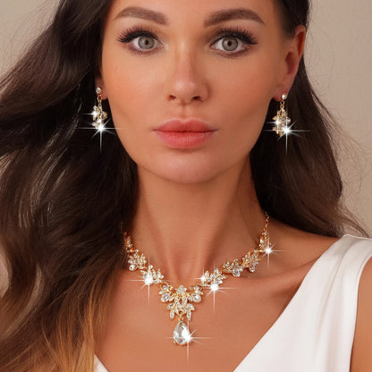 Fashion Girl Party Banquet Bridal Wedding Jewelry Set Full of Diamond Drop Pendant Golden white Necklace Earrings Set for Women
