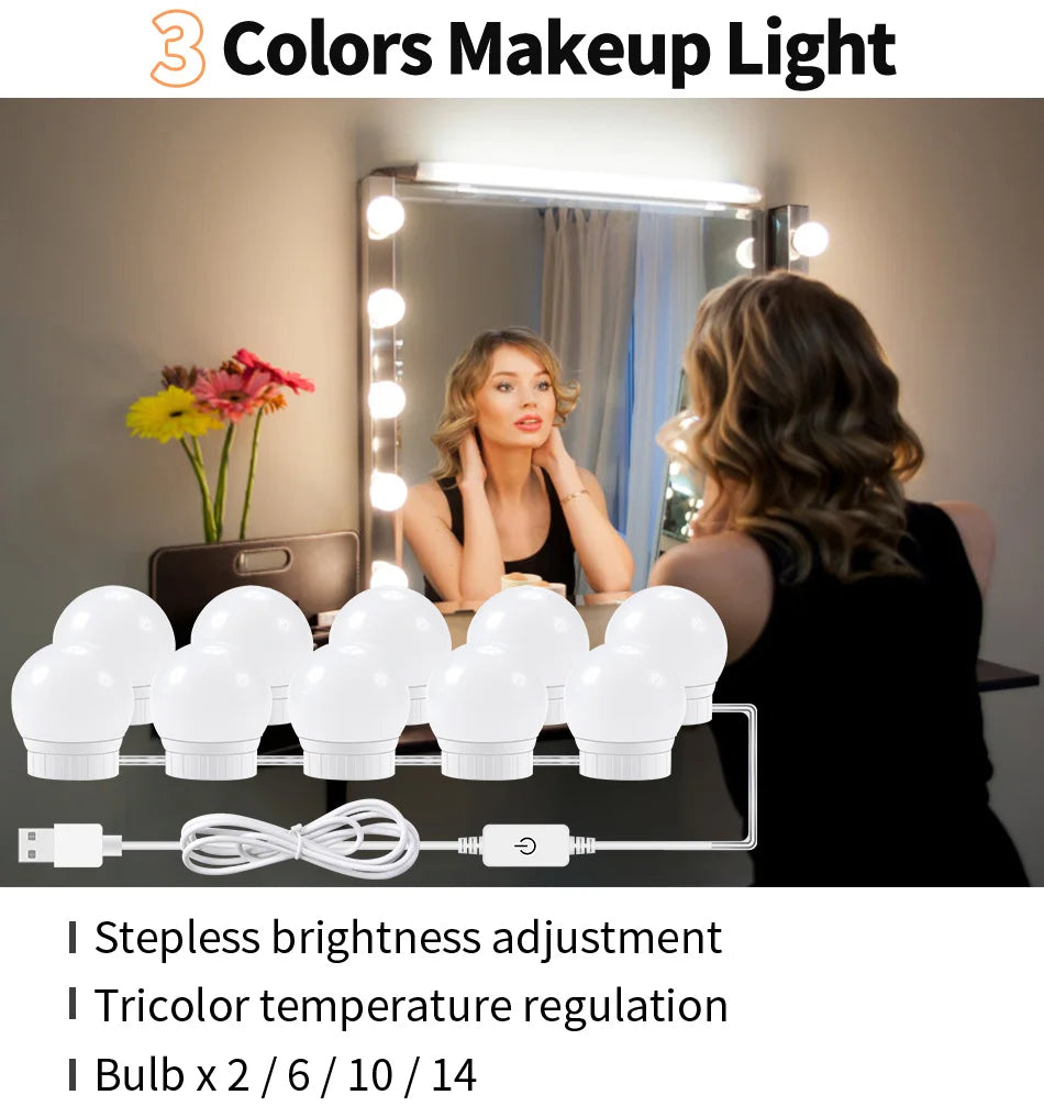 3 Modes Colors Makeup Mirror Light Led Touch Dimming Vanity Dressing Table Lamp Bulb USB 12V Hollywood Make Up Mirror Wall Lamp