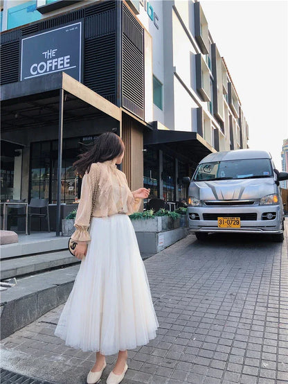 TingYiLi Elegant Tulle Skirt Autumn Winter Big Swing Women Skirt Korean Cute Pink Green Gray Blue Brown Black Long Skirt Tutu
