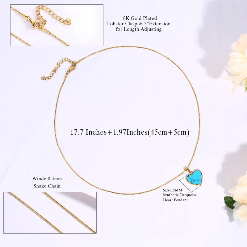 Heart Necklace for Women Synthetic Blue Turquoise Inlay Gold Color Stainless Steel Heart Pendant Necklace Gift