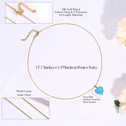 Heart Necklace for Women Synthetic Blue Turquoise Inlay Gold Color Stainless Steel Heart Pendant Necklace Gift