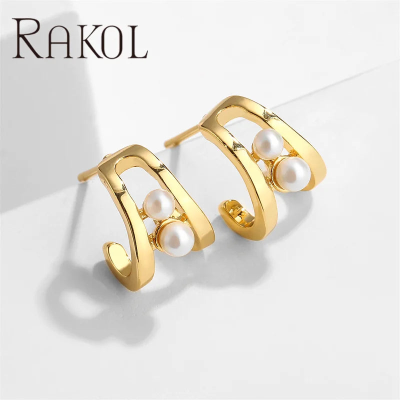 Rakol EP5587 Pretty Daily Pearl Earrings Metallic 18k Gold Plated Small Cute Stud Earrings for Girls