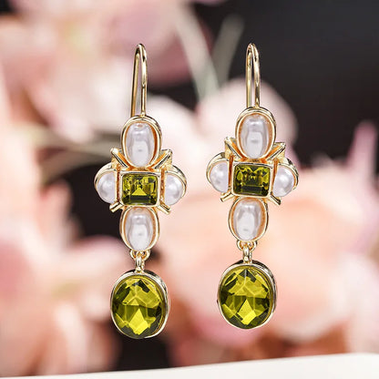 Vintage Gold Plated Drop Earrings With Peridot And Imitation Pearl Bezel Setting For Women Party Jewelry