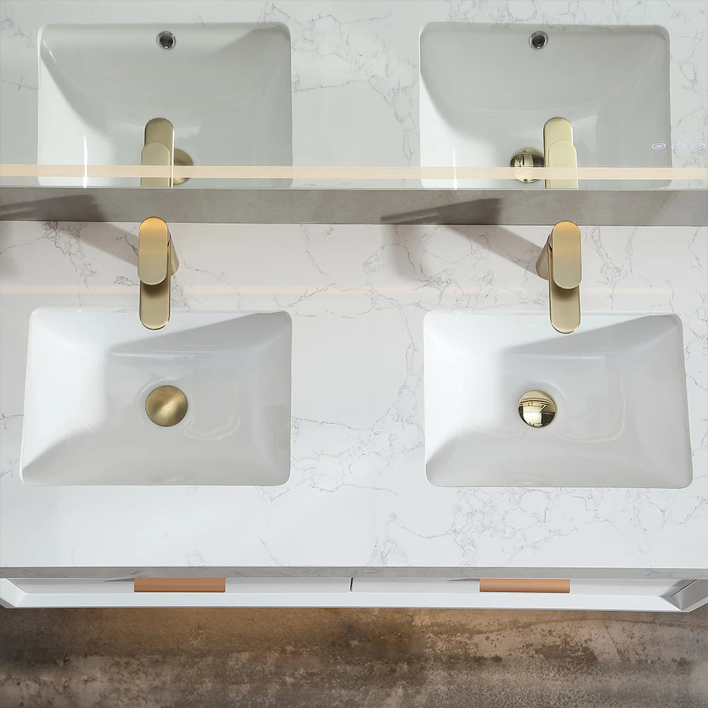 48 Inch White Beveled Edge Floating Bathroom Vanity Rubber Wood 12mm Sintered Stone Double Undermount Sink US Stock Homein