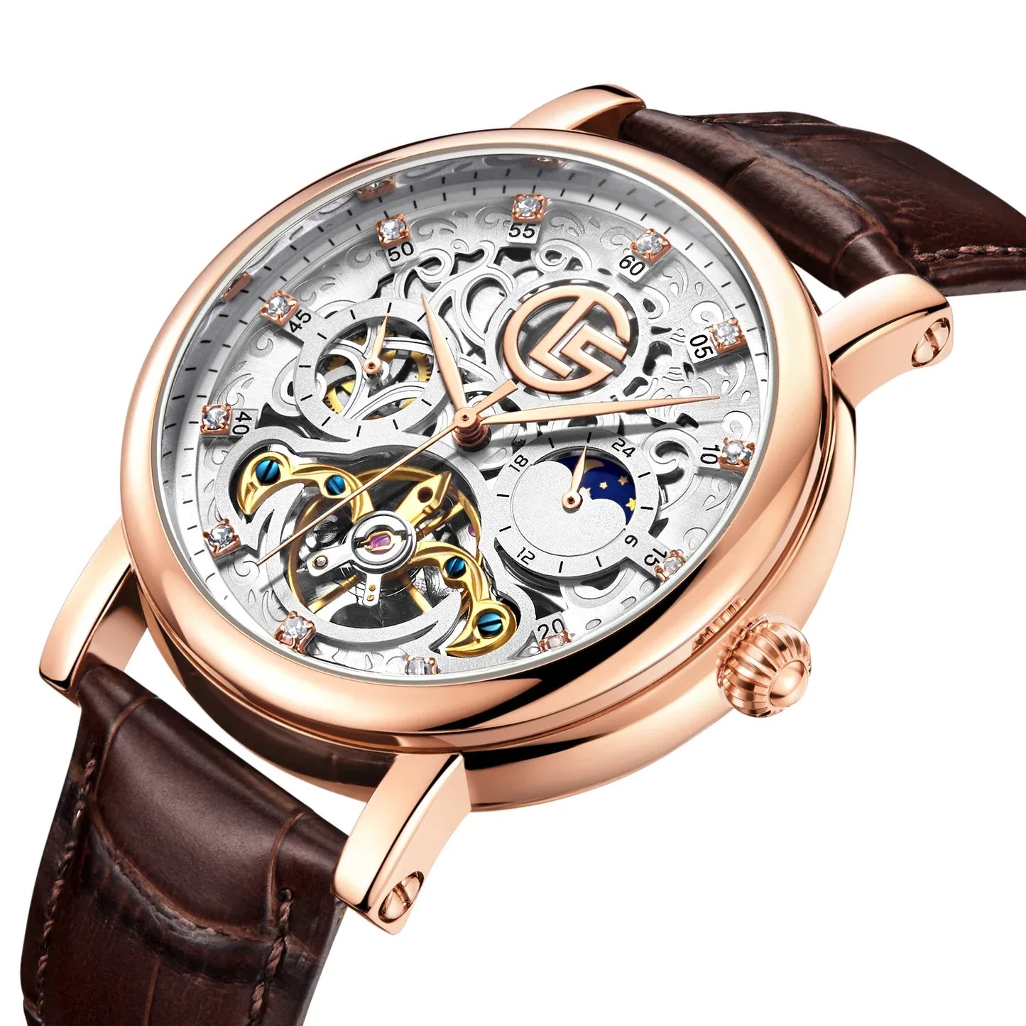 Tourbillon Watch for Men Mechanical Skeleton Mens Watches High Quality Luxury Engraved Vintage Moon Phase Leather Watch