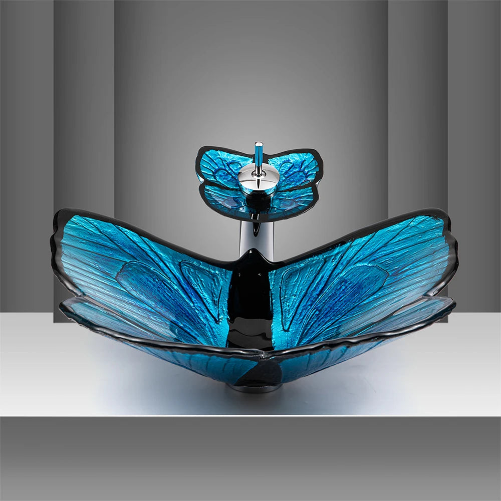 Deluxe Blue Art butterfly Tempered Glass Table Top Wash Basin for Public Toilet Family Bathroom Hotel Shower Room Sinks