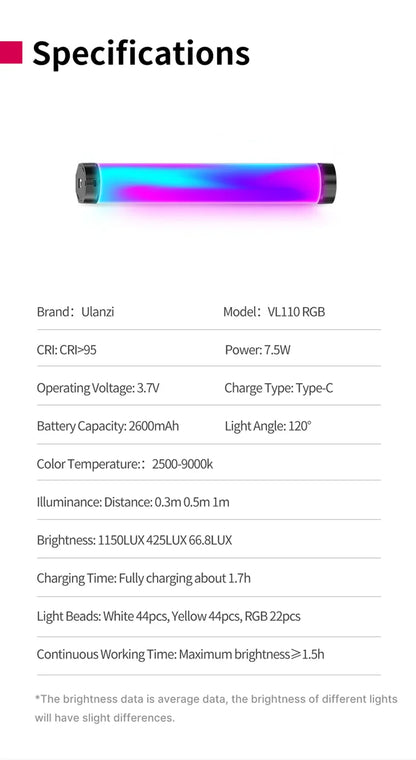 Ulanzi VL110 Handheld RGB Light Tube Stick Video soft Light 2500-9000K LED Photography Stick LED Light Wand Rechargeable