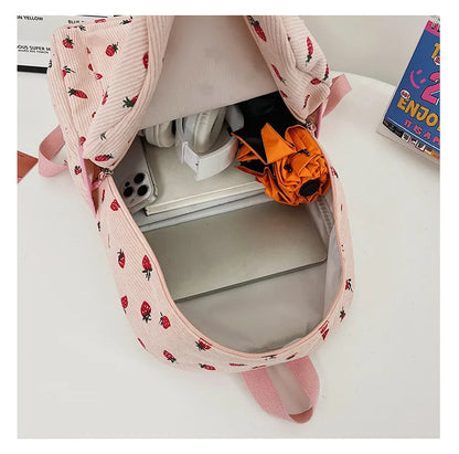 New Arrival  Strawberry Print Corduroy Travel Backpack Multifunction Custom Cute Girls Casual College School Backpacks