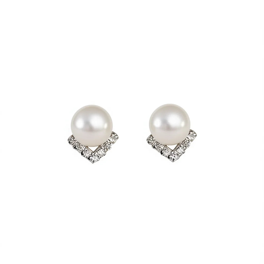 White Gold Faux Pearl Stud Earrings With Crystal Geometric Design For Women Wedding Classic Style Silver Metal